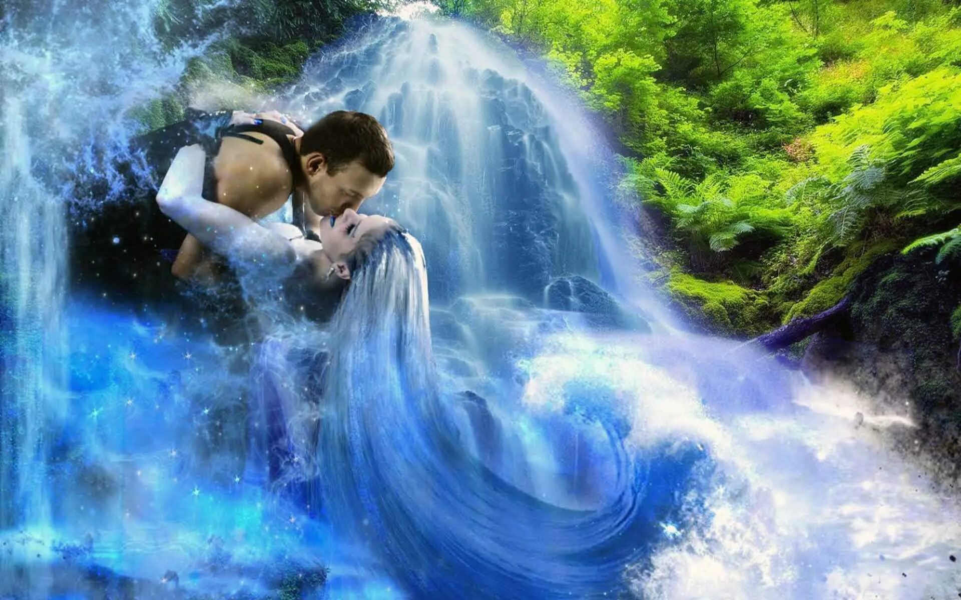 Умиротворенная стихия. Водопад любви. Девушка у водопада. Сказочная любовь. Фэнтези любовь.