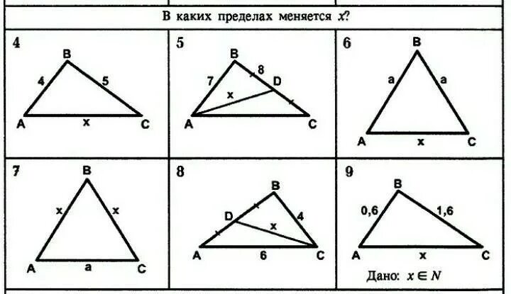 Самостоятельная работа по геометрии неравенство треугольников. Неравенство треугольника задачи по готовым чертежам. Неравенство треугольника 7 класс задачи по готовым чертежам. Задачи на неравенство треугольника 7 класс. Задачи по геометрии 7 класс неравенство треугольника.