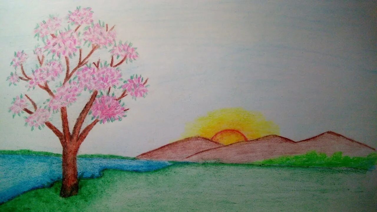 Рисование весеннего пейзажа. Поэтапное рисование весеннего пейзажа. Весенний пейзаж для детей легко. Весенний пейзаж легкий для детей.