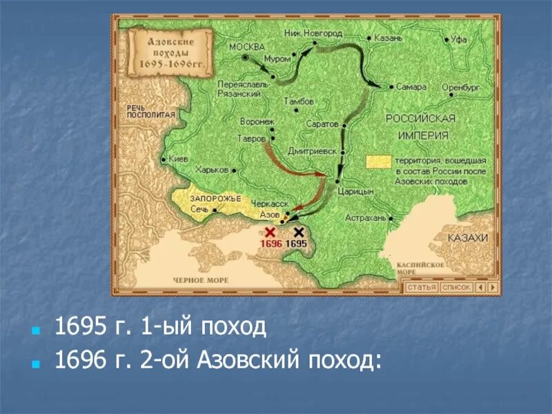 Суть азовских походов петра 1. Поход на азов петра 1. походы петра 1 1695-1696. азовские походы 1695 и 1696 гг.. внешняя политика петра 1 карта азовские походы.