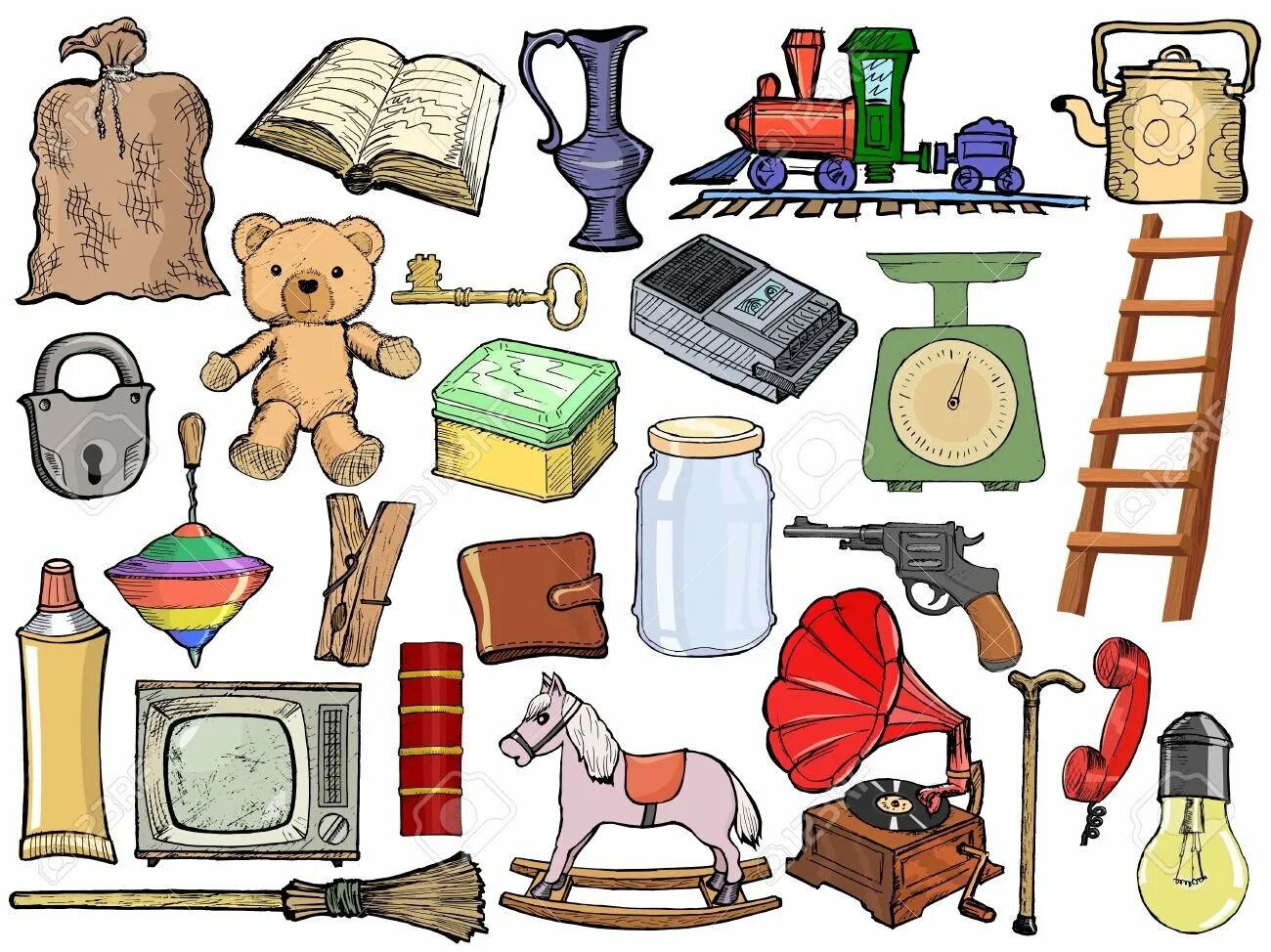 Вещи предметы. Различные предметы. Мультяшные предметы. Векторные иллюстрации предметы.