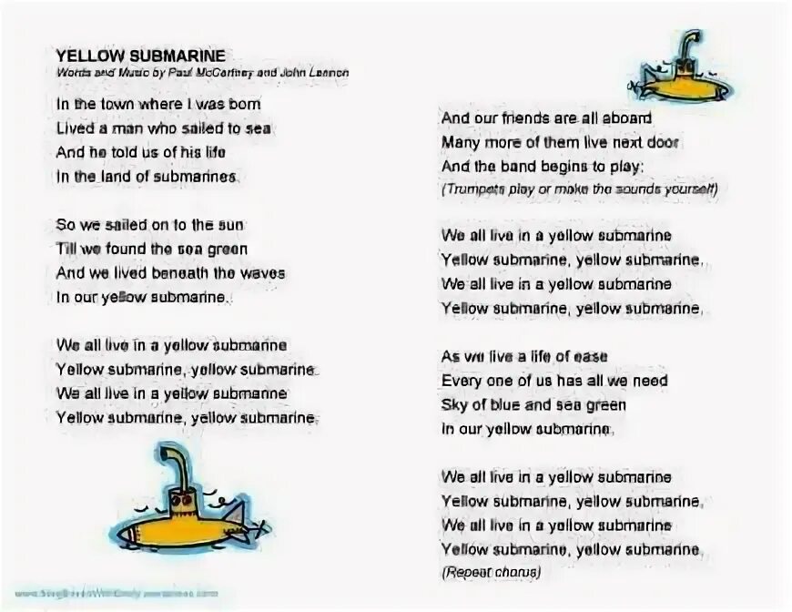 Английские песенки на русском языке. Yellow Submarine текст. Текст песни Yellow Submarine. Текст песни желтая подводная лодка. Битлз Yellow Submarine текст.