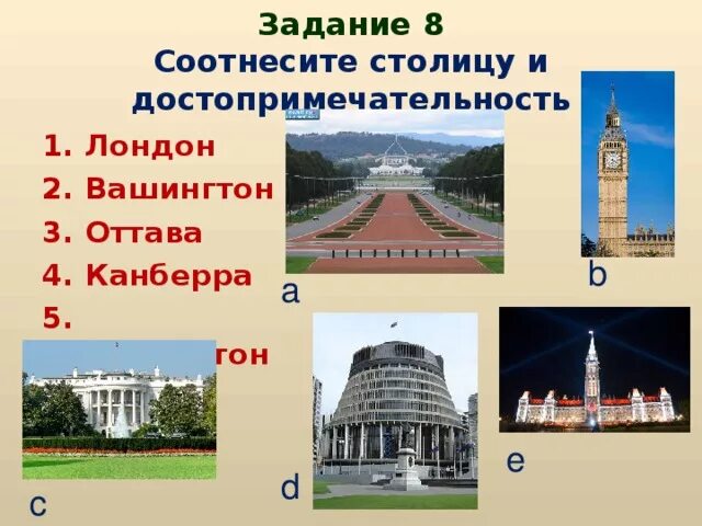 Соотнесите достопримечательности со странами. Викторины про страны и столицы по английскому языку 5 класс. сравните положение городов вашингтон лондон. соотнесите достопримечательности со странами бразилия.