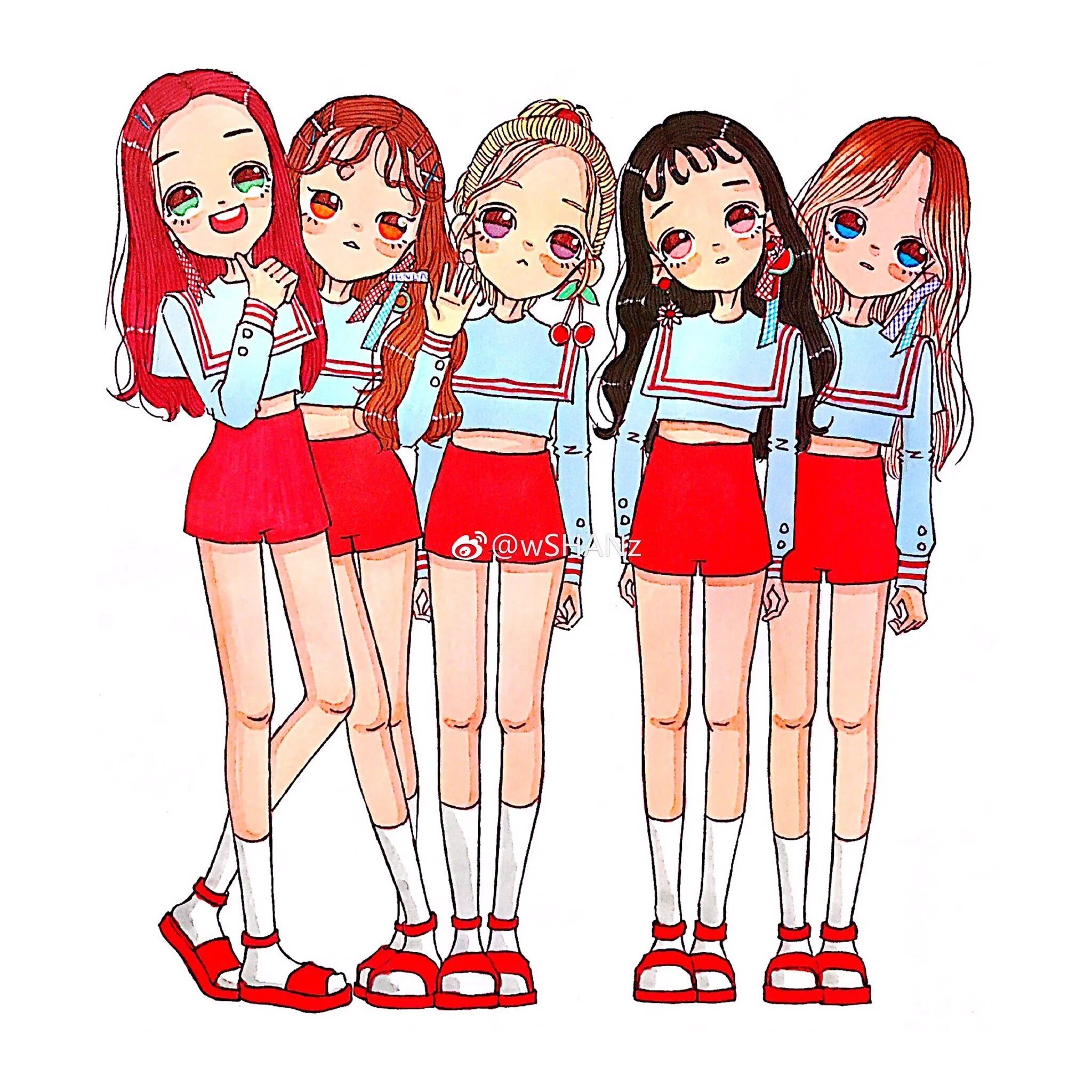 Ред вельвет Чиби. 5 Девушек нарисованных. Мультяшные пять девушек. Четыре подруги мультяшные. Пятерка подруг