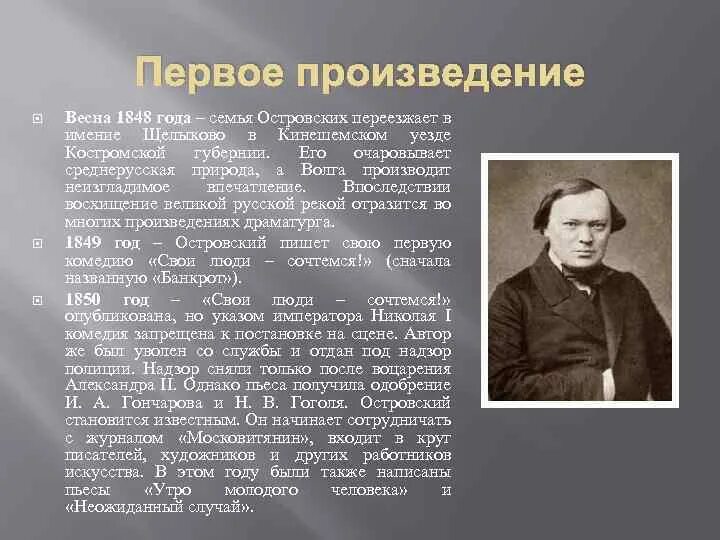 Первое произведение в 9 классе. Первое произведение Островского. Первые произведения. Островский первое печатное произведение.