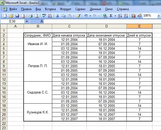 Таблица с фио excel