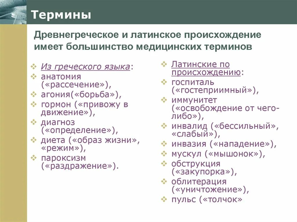 5 медицинских слов. Термины древнегреческого происхождения латынь. Греческие термины. Медицинская лексика латинского происхождения. Греческие медицинские термины.