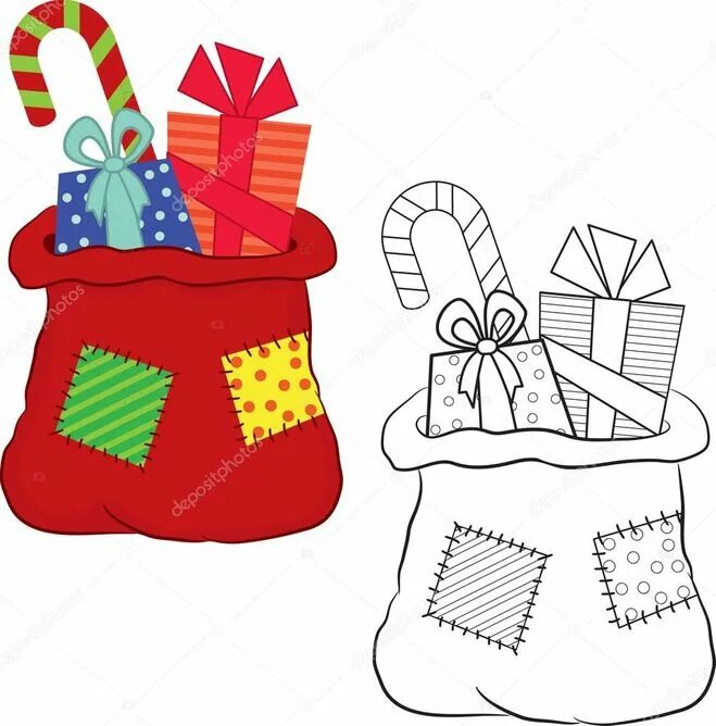нарисовать мешок с подарками. рисование мешка с подарками. мешок с подарками акварель. новогодние подарки раскраска. мешок деда мороза рисунок.