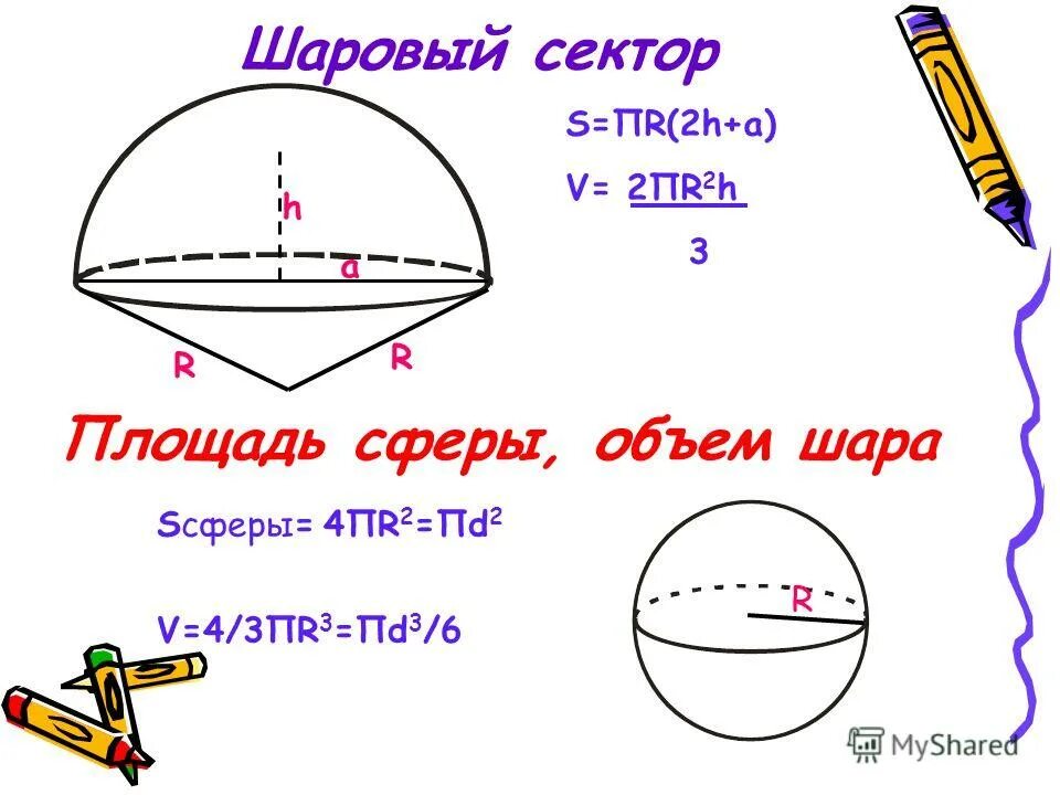 Шаровый сегмент объем. Шаровый сектор. площадь сектора сферы. шаровый сегмент и шаровый сектор. шаровый сектор площадь поверхности.