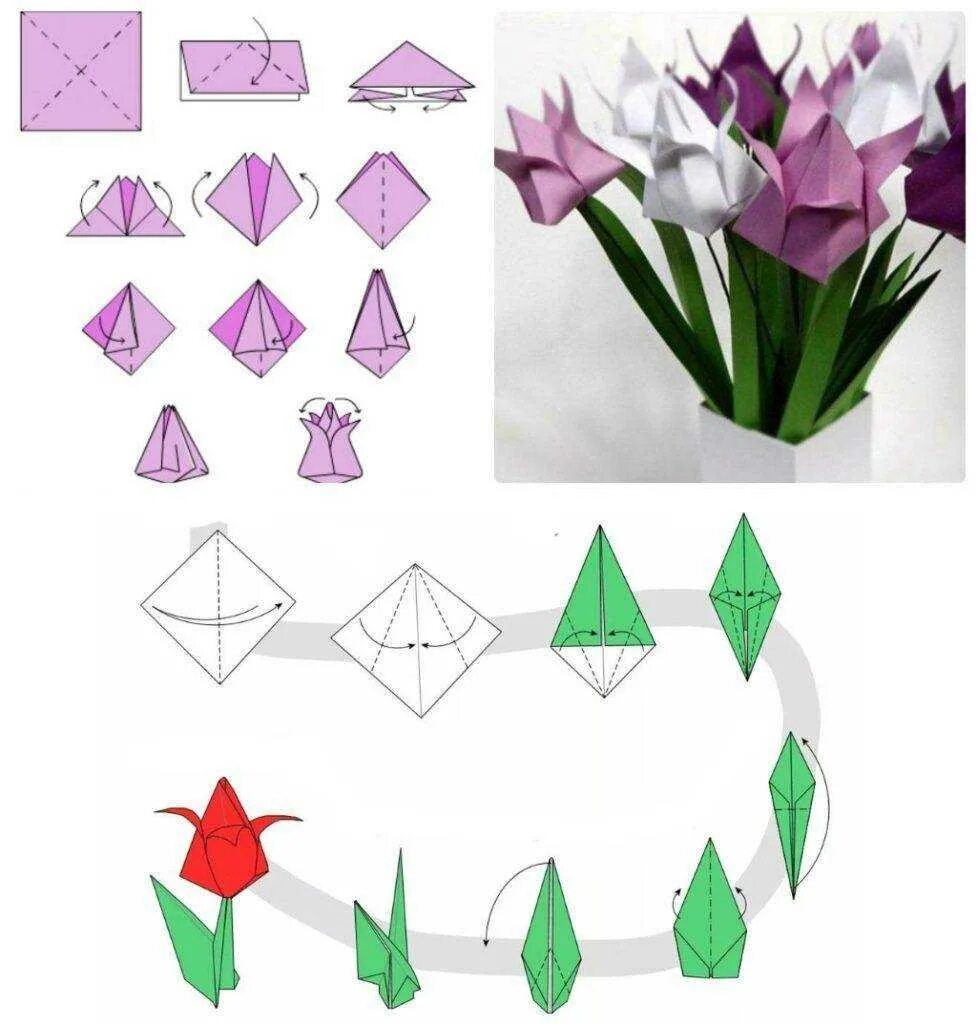 Оригами тюльпан пошагово для начинающих. Оригами из бумаги тюльпаны поэтапно своими руками. Оригами тюльпан схема для начинающих пошагово. Оригами цветок тюльпан. Как сделать букет из бумаги легко