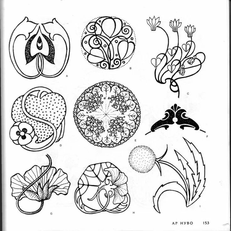 Элемент узора в стиле модерн (ар-нуво). Композиция в круге растительная. Орнаментальная композиция. Л. Орнамент из растительных форм.