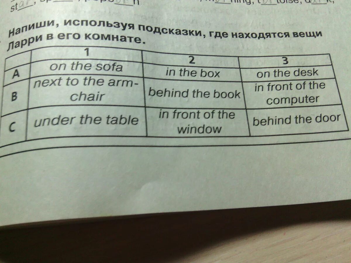 Прочитай эти предложения используй слова. Составь вопросы используя подсказки. Напиши предложения используя подсказки. Напиши используя подсказки где находятся вещи Ларри в его комнате. Используя подсказки где находится в его комнате.