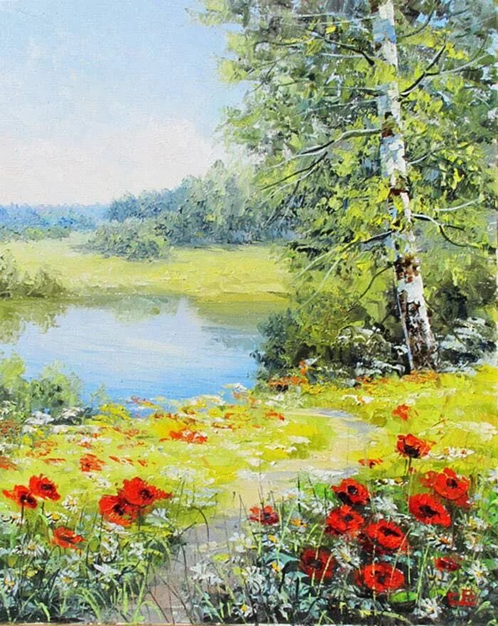 Известные картин лето года. «Летний пейзаж с рекой» (1870 г.). Каменев.