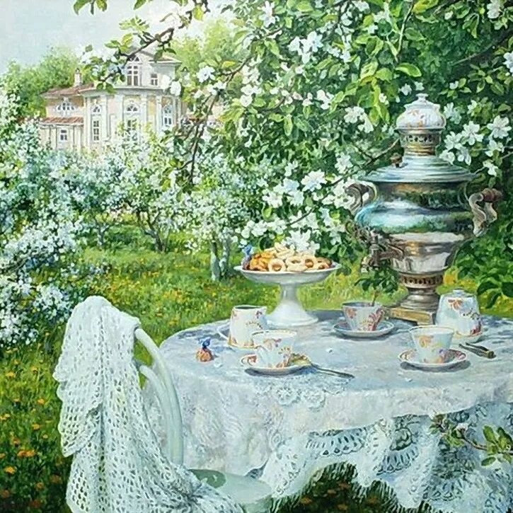 Чайная мск. Чайный стол в саду. Чаепитие в саду. Чайная станция с самоваром. Чаепитие.