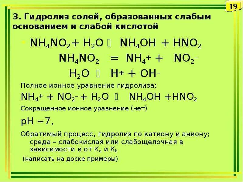 Nh4 h2o nh4oh h соль. Гидролиз соли со слабым основание и кислотой. Гидролиз слабых солей и слабых оснований. Nh4no3 гидролиз. Nh4no2 n2 nh3