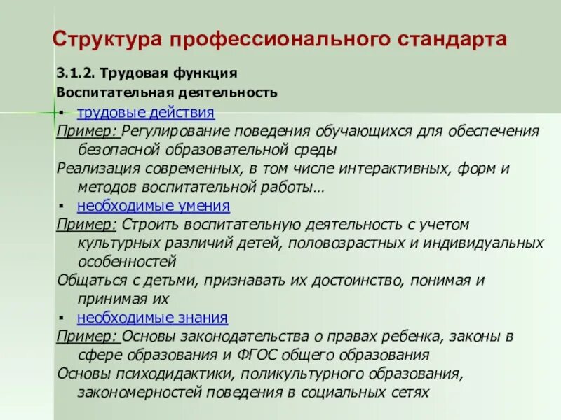 Составляющие трудовых действий. Воспитательная функция педагога по профстандарту. Трудовые функции профстандартов учителя. Структура профессионального стандарта педагога. Трудовая функция воспитательная деятельность.