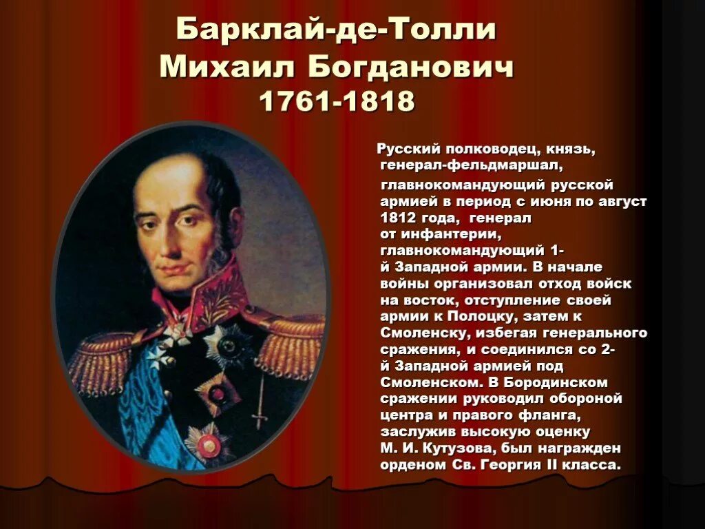 Биография героев отечественной войны 1812 года кратко. Барклай де Толли герой войны 1812 года.