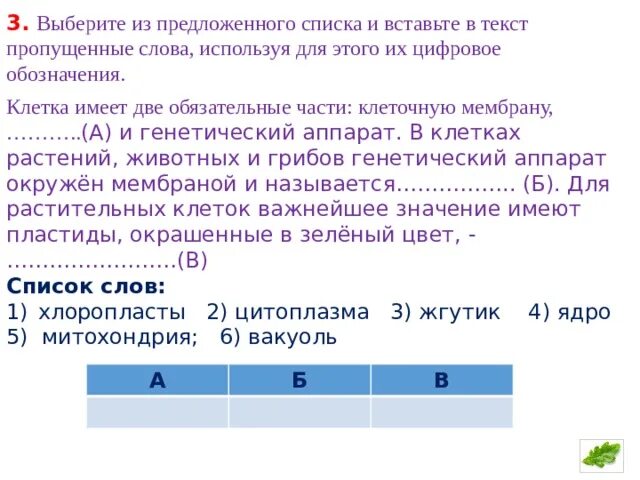 Из предложенного перечня выберите ситуации. Две обязательные части клетки. Вставьте в текст пропущенные слова из предложенного списка. Выберите из предложенного списка и вставьте в текст.