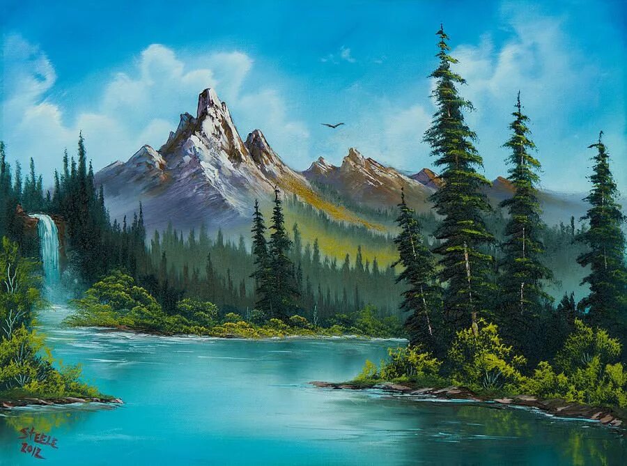 Painted landscape. Горное озеро маслом Боб Росс. Боб Росс водопад. Живопись горы Боб Росс. Боб Росс картины лес.