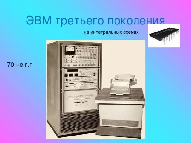 Второе и третье поколение. Третье поколение — Интегральные схемы (1965-1980). Третье поколение ЭВМ создавалось на новой элементной базе. ЭВМ третьего поколения (1965-1980).. Компьютер третьего поколения ЭВМ.
