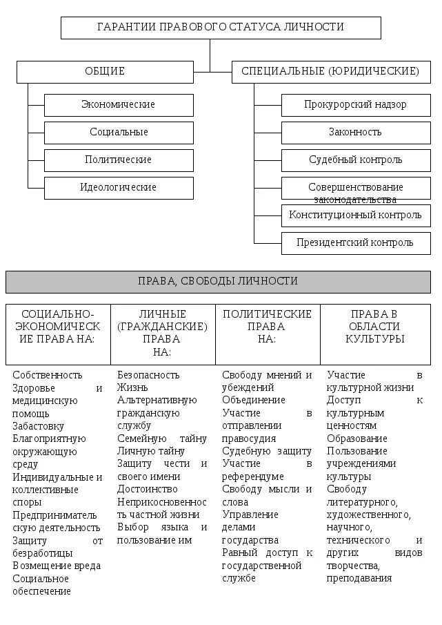Общие и специальные гарантии прав и свобод. Юридические гарантии правового статуса. Гарантии правового статуса личности. Виды юридических гарантий таблица.