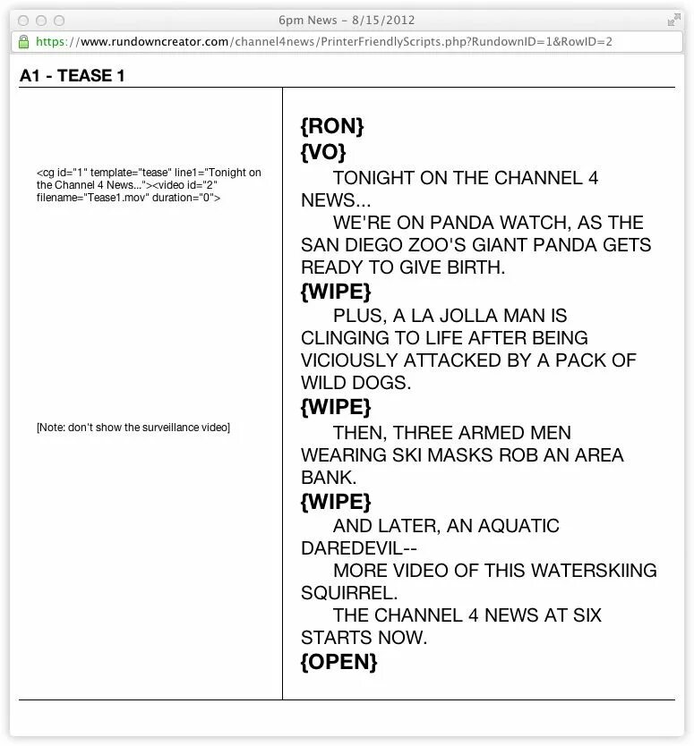 Tv script. Script example. script format example. scenario format. news examples.