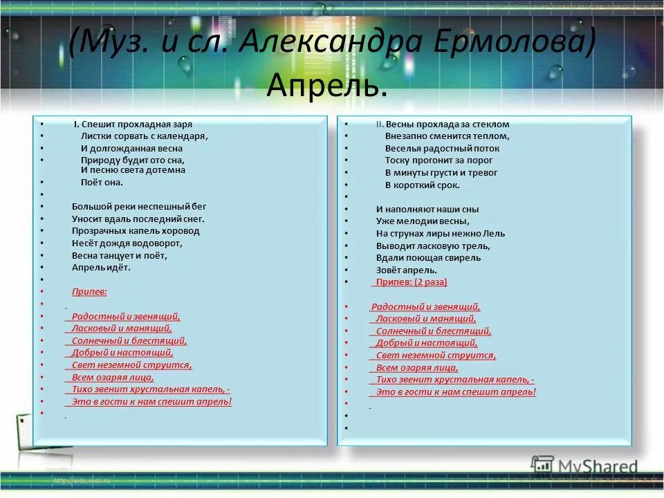 Песня апрель ермолов текст