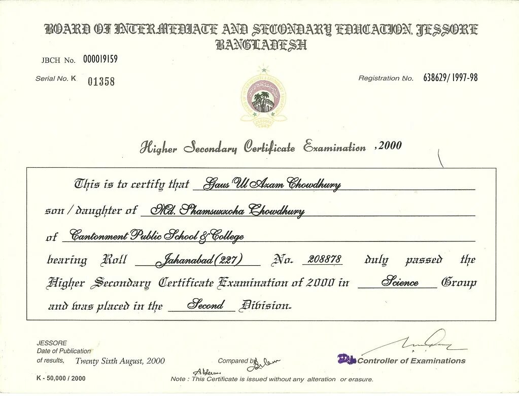 High School Certificate. Secondary School Certificate. School Certificate example.