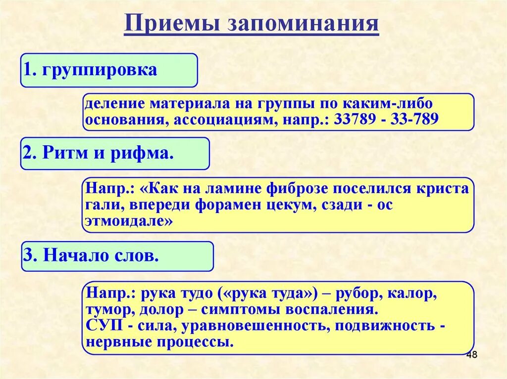 Использование методов памяти. Приемы запоминания материала. Приемы запоминания и воспроизведения информации. Приемы заучивания материала. Рациональные приемы запоминания.