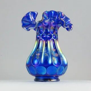 Cobalt Blue Enamel Decorated Thumbprint & Ovals Carnival Glass Vase...