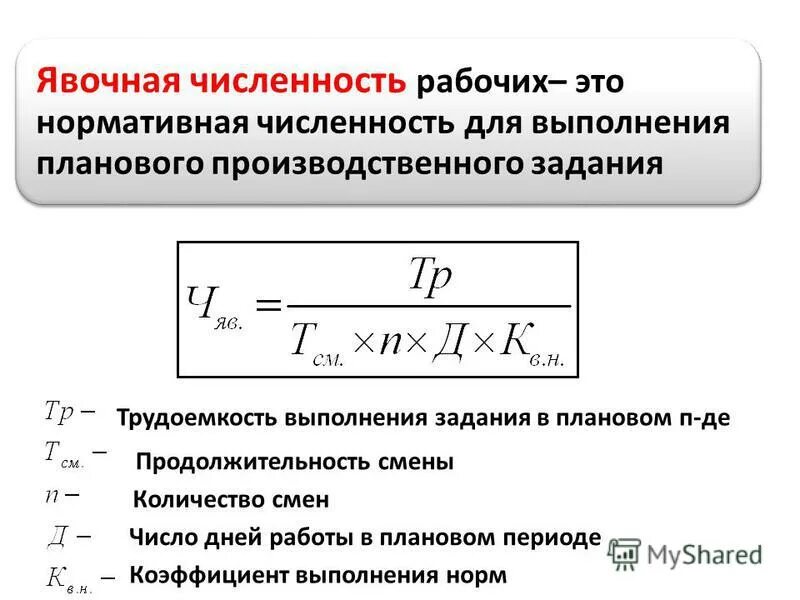 Плановый коэффициент 1 2. Явочная численность формула расчета. Коэффициент численности основных рабочих рассчитывается по формуле. Явочная численность рабочих. Рассчитайте явочную и списочную численность рабочих.