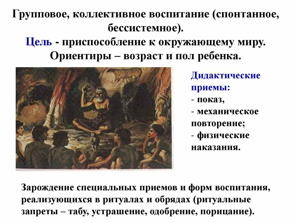 Педагогика в первобытном обществе. Коллективное воспитание. Появление организованных форм воспитания в первобытном обществе. Обрядово ритуальные формы воспитания. Бессистемное воспитание.