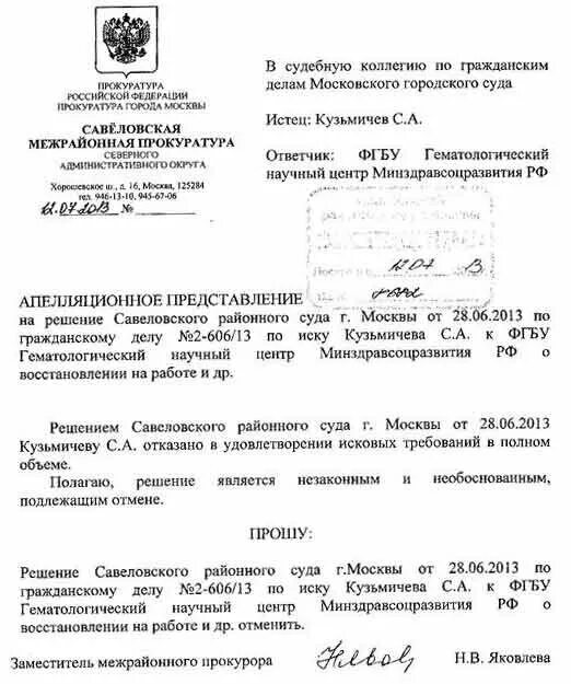 Образец апелляционного представления