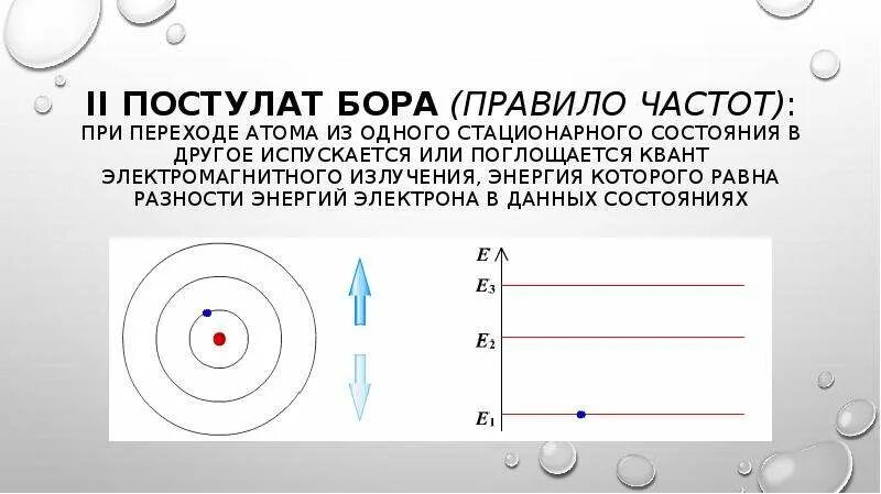 В стационарном состоянии атом испускает. Второй постулат (правило частот). Второй постулат Бора правило частот. При переходе электрона из одного стационарного состояния в другое:. Постулат стационарных состояний правило частот.