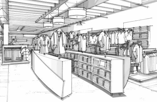 Магазин рисунок. Эскиз витрины магазина. Магазин внутри рисунок. Эскиз продуктового магазина. Зарисовка интерьера магазина.