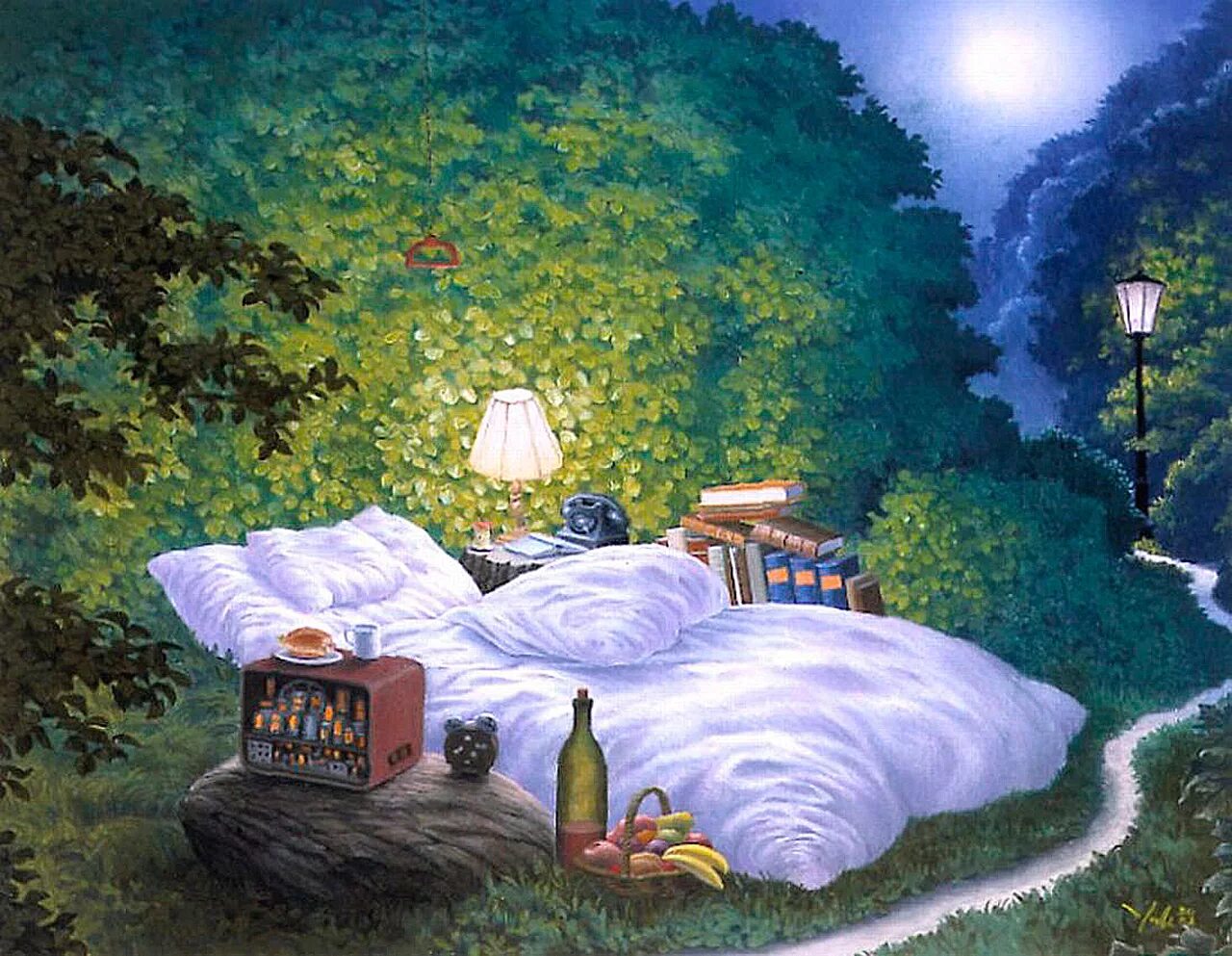 Яцек Йерка Dream. Яцек Йерка кровать. Яцек Йерка сон на природе. Художник Яцек Йерка Луна ночь