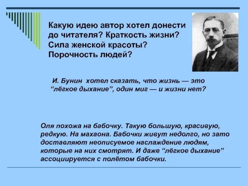 Автор пыталась. Что Автор хотел донести до читателя. Что хотел сказать Автор. Идея лёгкого дыхания Бунина. Бунин о нем.