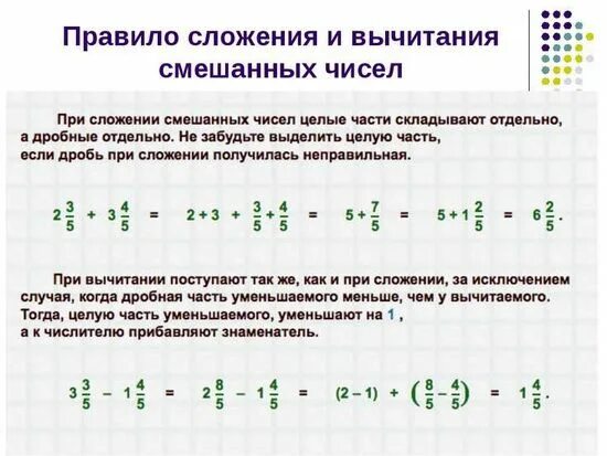 Вычитание смешанных чисел 5 класс объяснение. Правило сложения и вычитания смешанных чисел. сложение и вычитание смешанных чисел с разными знаменателями правило. правило сложения и вычитания двух смешанных чисел. математика сложение и вычитание смешанных чисел.