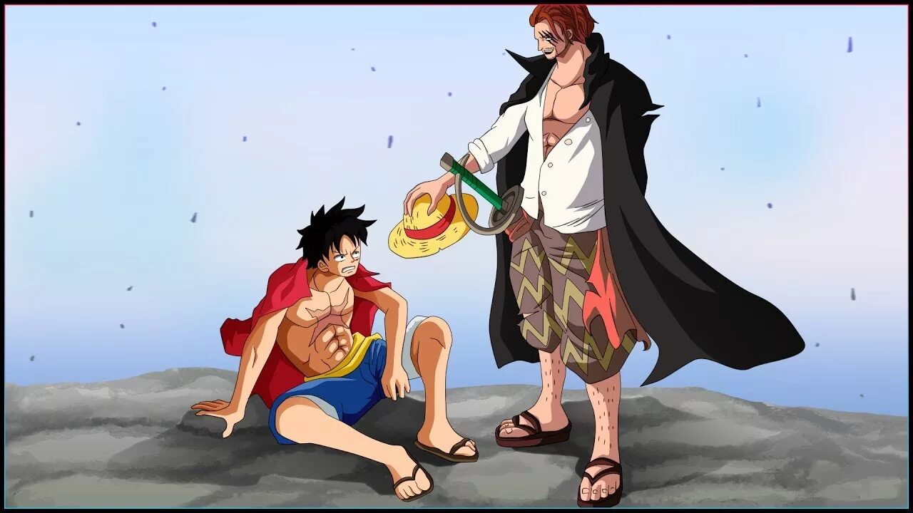 Кого победит луффи. Шанкс и луффи. ван пис шанкс и луффи. one piece луффи и шанкс. шанкс отдает шляпу луффи.