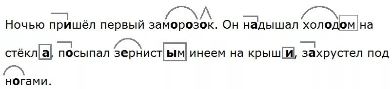 Ночью пришел первый заморозок он надышал. Ночью пришел первый заморозок. Ночью пришёл первый заморозок разобрать по частям. Ночью пришел первый заморозок части речи. С крыш посыпались частые звонкие