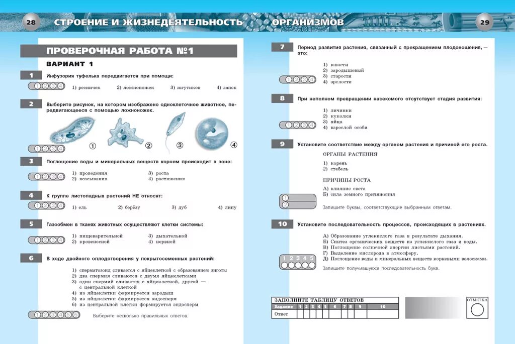 Контрольная по биологии 6 класс жизнедеятельность организмов