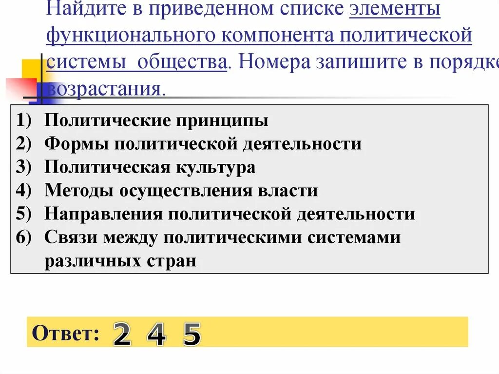 21 номер обществознание. Найдите в приведенном списке институты политической системы. Элементы функционального компонента политической системы общества. Элементы политической системы тест. Признаки функционального компонента политической системы общества.