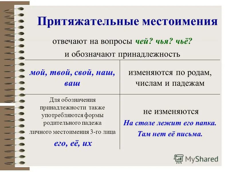 Местоимения мой твой наш ваш свой изменяются. Притяжательные местоимения. Что обозначает местоимение. Притяжательные местоимения отвечают на вопрос. Притяж местоимения.