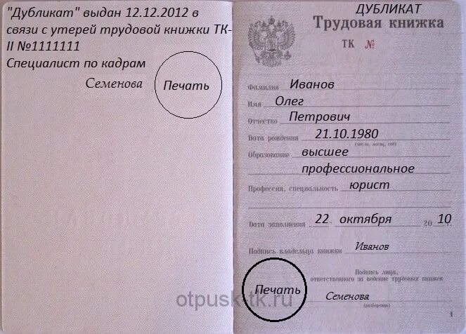 Как получить дубликат взамен утерянного. Заполнение дубликата трудовой книжки образец. первая страница дубликата трудовой книжки. правила заполнения дубликата трудовой книжки. как заполнить дубликат трудовой книжки.
