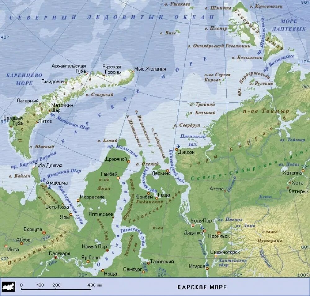 На севере какие моря находится. Енисейский залив Карского моря. Карское море на карте. Физико-географическая карта Карского моря. Байдарацкая губа Карского моря на карте.