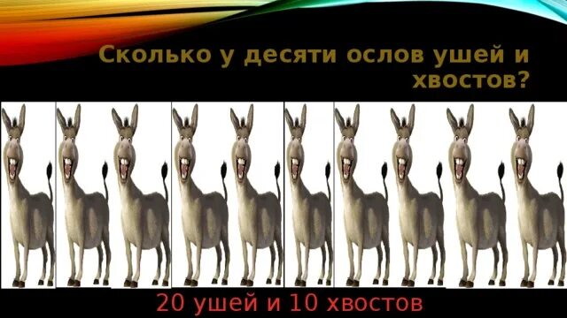 Десять ослов. Сколько хвостов у семи ослов. Иллюзия про трех ослов. Три ослика перевернуть. Девять осликов