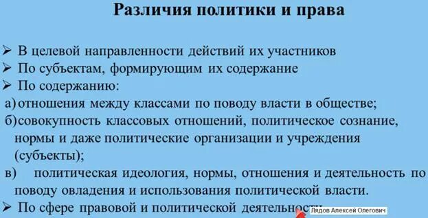 Право и политика различия. Отличие политики от власти.