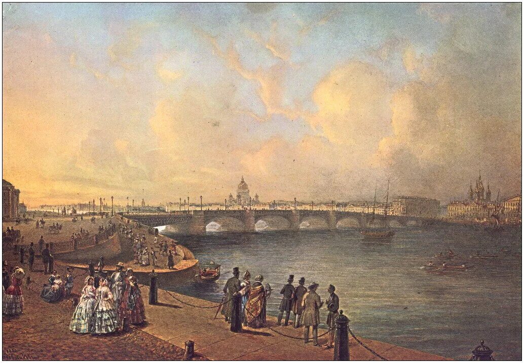 В. С. Садовников. Вид на Благовещенский мост, 1851 год. Вид на Благовещенский мост 1851 Садовников. Благовещенский мост 1850. Петербург начало 19 века