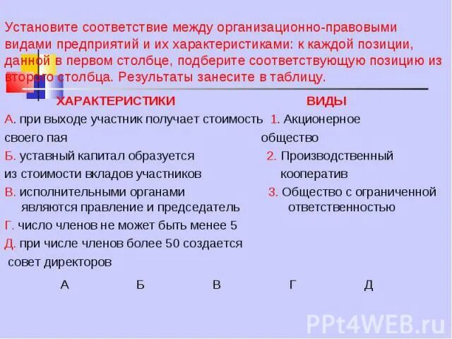 Установите характеристики между характеристиками. Установите соответствие между организационно правовыми. При выходе участник получает стоимость своего пая общество. Характеристики при выходе участник получает стоимость своего пая. Установите соответствие при выходе участник получает.