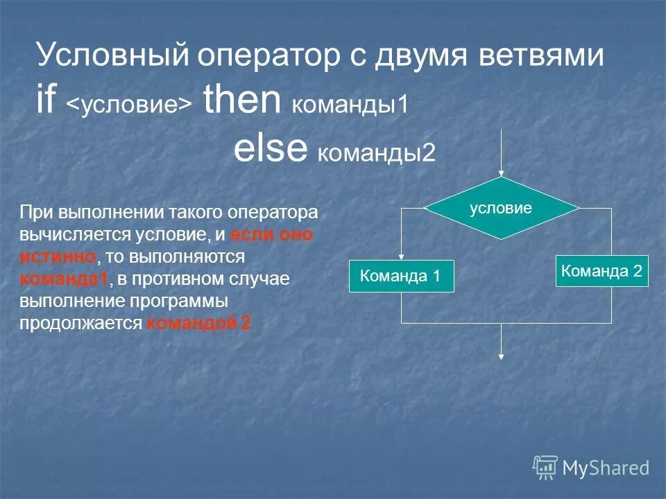 Какие существуют формы условного оператора. Условный оператор if. Команды условного оператора. Условный оператор с двумя ветвями. Что такое условный 2 оператор.